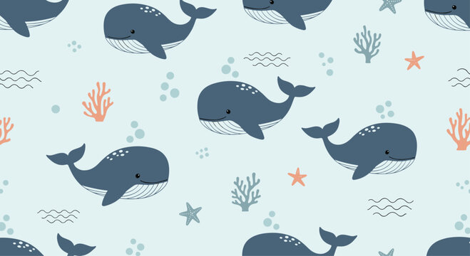 Charming seamless pattern of cute blue whales swimming in the ocean with starfish corals and bubbles on a light blue backdrop.