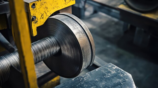 Steel wire spooling on industrial manufacturing machine