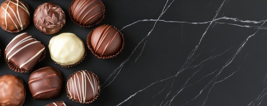 Overhead shot of assorted gourmet chocolates (pralines, truffles) on a black marble backdrop with ample negative space. A concept of elegant indulgence., Luxury Sweets, Gourmet Dessert