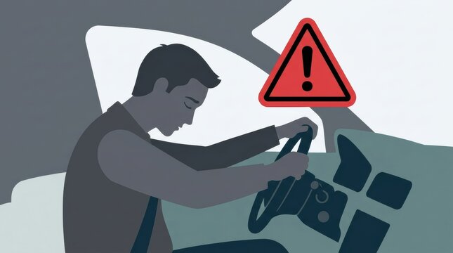 Drowsy Driving Warning Sign Displayed in Car Shows Driver Looking Down While Steering on a Road
