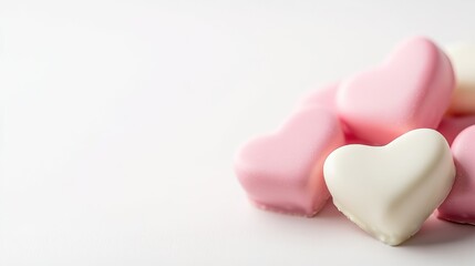 Obraz premium Pink and White Heart Candies Sweet stack on white background, right-aligned, offering copy space. Perfect for love, romance, Valentine's Day concepts., Confectionery, Treat