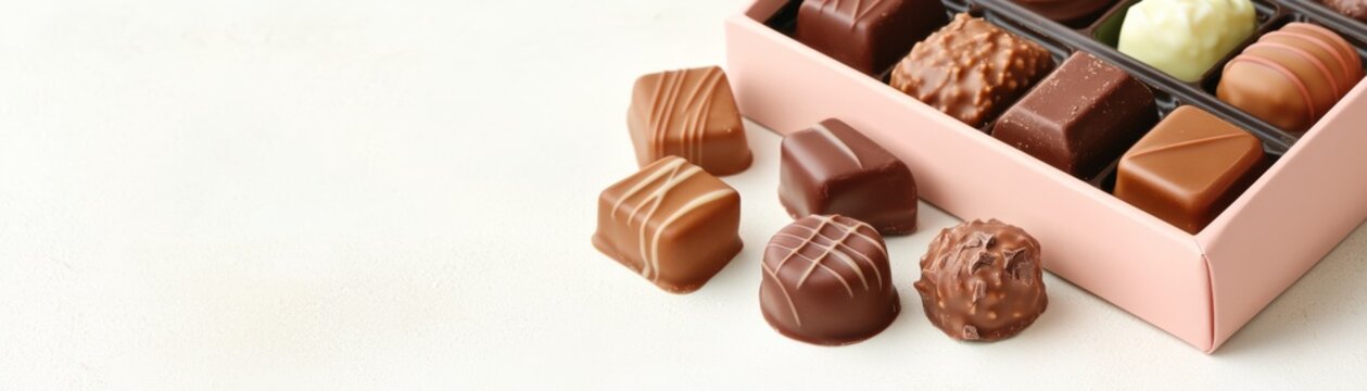 Overhead view Pink box of assorted gourmet chocolate pralines and truffles, some scattered on white, showcasing rich textures and sweet indulgence. ,Bonbons ,Gift Idea