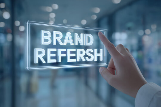 Clear hands in white Oxford sleeves, pressing a floating "Brand Refresh" button that triggers animated logo variations, cinematic blurred corporate hallway background with glass walls