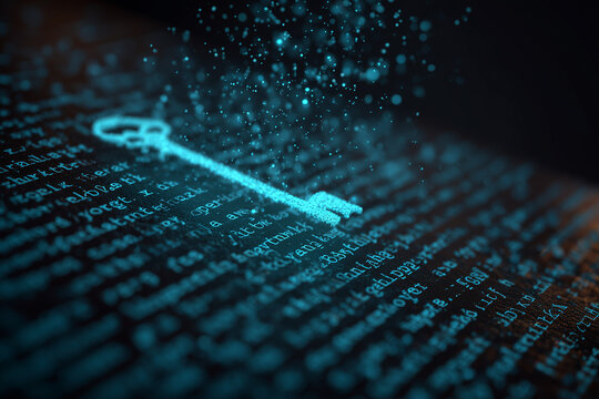 Data encryption process - Plaintext turning into scrambled ciphertext, glowing key floating above, futuristic blue tones