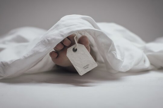 White sheet draped over foot with tag