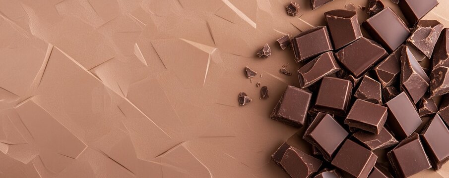 Rich dark chocolate chunks and shards scattered on a geometric brown background. An alluring texture contrast, symbolizing gourmet indulgence,Cocoa ,Sweet