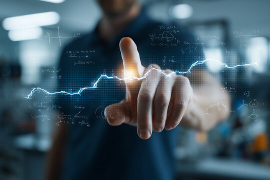 Left hand in navy polo sleeve, finger tracing a floating timeline showing AI adoption curve from narrow AI to AGI, blurred modern research lab background with whiteboards and equations out of focus