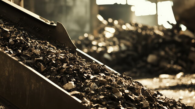 Close up of an industrial conveyor belt carrying a pile of natural resources, likely coal or other minerals, within a processing facility under bright ambient light
