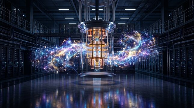 Professional interacts with digital interface featuring a central quantum processor surrounded by data energy streams, highlighting high-performance computing and cybersecurity infrastructure.