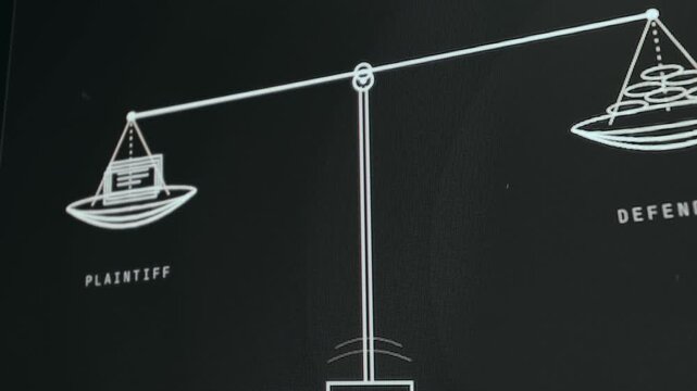 Legal system animation with balanced scales representing dispute resolution