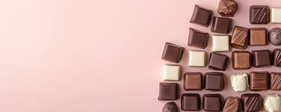 Top view flat lay Assorted luxury dark, milk and white chocolates arranged right on pastel pink with copy space. Gourmet confectionery concept.,Pralines,Indulgence
