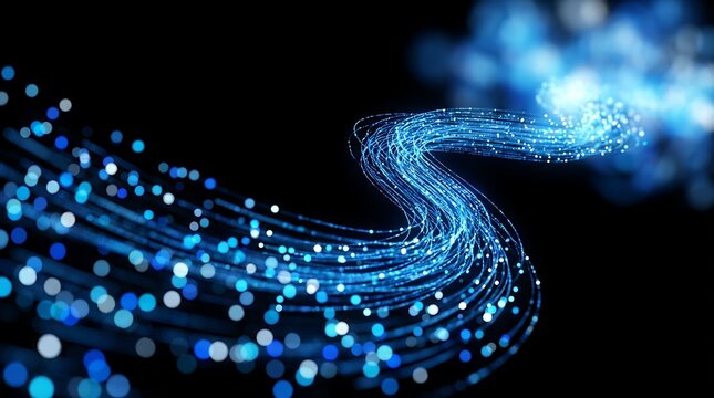 Dynamic flow of blue light particles and fiber optic strands moving in wave patterns across dark void illustrating high speed internet and digital information.