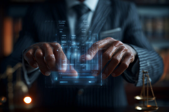 Two hands in legal professional suit sleeves (charcoal pinstripe), pinching a floating case management dashboard showing court dates, document filings, and billing hours, blurred law office background