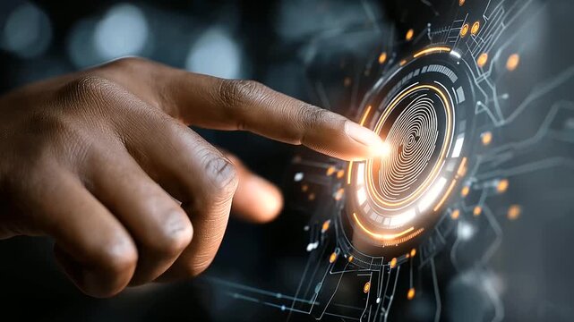 Faceless finger touching biometric scanner activating digital identity verification, futuristic interface with glowing fingerprint and circuitry, secure access, cybersecurity, and