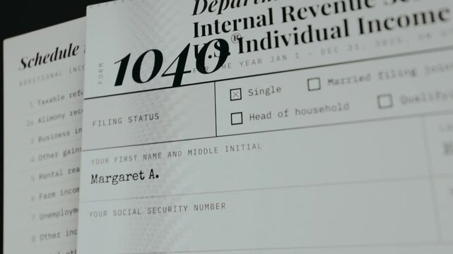 Filling in personal information name, social security number and home address for U.S. Individual Income Tax Return Form 1040