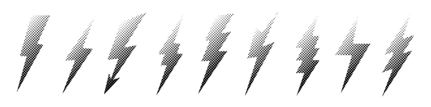 Halftone lightning bolt set with dotted texture and grainy noise. Black thunder shapes in manga comic style. Isolated vector elements.