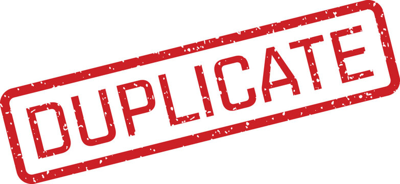 A red distressed rubber stamp with the word DUPLICATE diagonally across a clean white surface