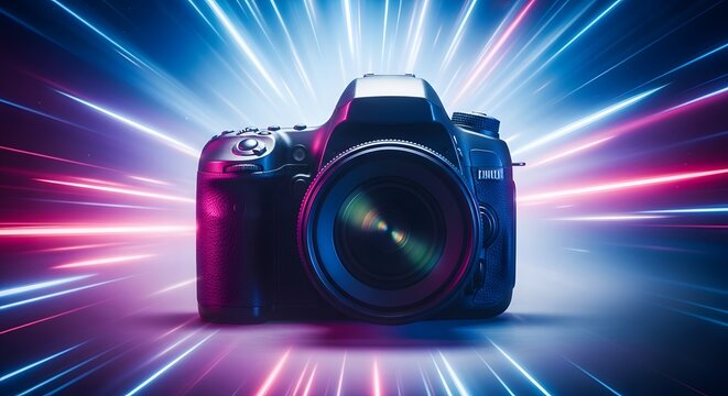 Professional dslr camera set against futuristic light trails background