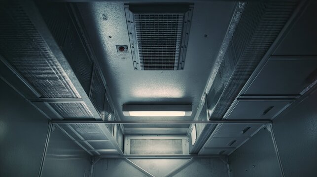 Industrial ceiling showing ventilation ducts and fluorescent light