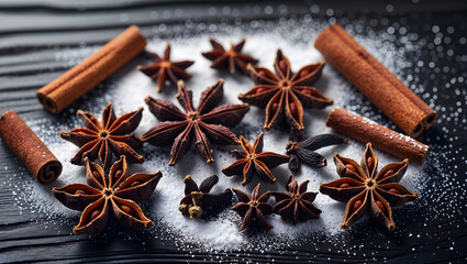 Fototapeta premium Christmas spices including cinnamon sticks star anise and cloves arranged on dark wood with powdered sugar dusting for a wintry look generative AI