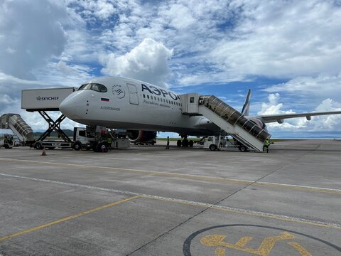 Victoria, Seychelles, Mahe, April 11, 2026: Aeroflot Russian Airlines aircraft at Seychelles Airport