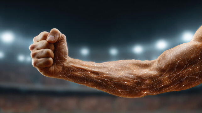 Muscular arm clenched fist with visible veins and digital network overlay in stadium lights background showing strength and power