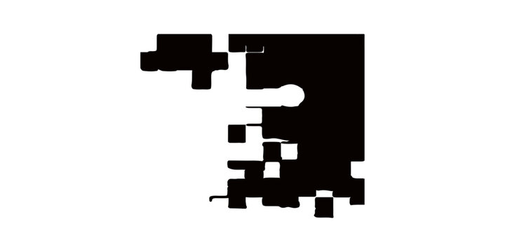 Abstract digital disruption symbol or logo in black on a white background, representing data loss or corruption, modern digital transformation and technological breakdown, and online concept.