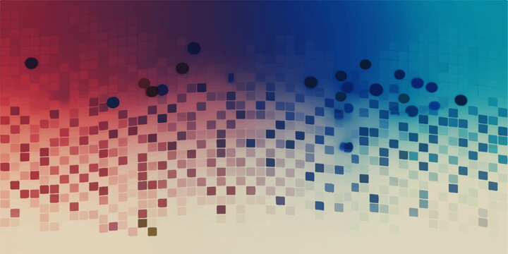 A vibrant gradient composed of red, blue and cyan pixelated squares, blending in an abstract, digital style. 