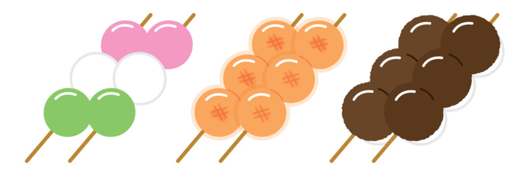 和菓子の団子セット（三色・みたらし・あんこ）フラットイラスト