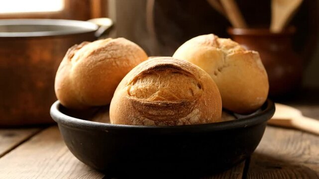 Freshly baked crusty bread rolls resting in a black bowl on a rustic wooden table in a kitchen.