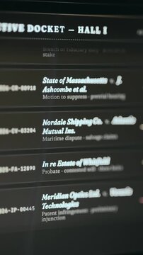 Legal records list featuring case IDs, plaintiffs, defendants, and suit types