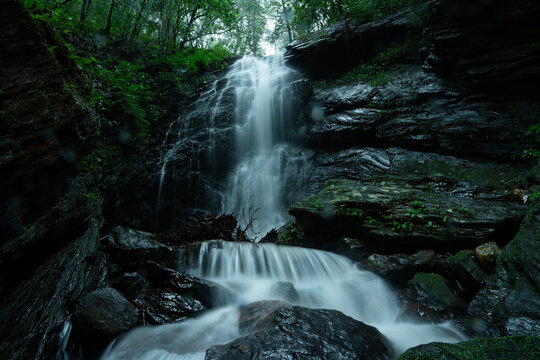 Scenic waterfall flowing over rocky cliffs in a lush green forest with long exposure effect