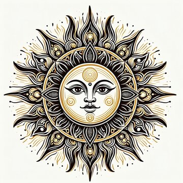 Illustration with a stylized sun with a serene face for sinhala new year celebration, created with generative ai