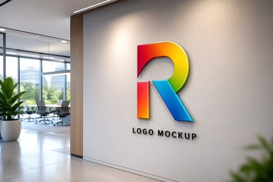 Colorful 3D Letter R Logo Mockup on Modern Office Wall Interior Branding Sign Design