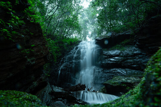 Waterfall cascading through dense forest over wet rocks with soft flowing water effect