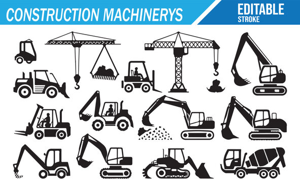 Construction Machinery Icon Set with Cranes Excavators and Heavy Equipment in Black Line Art