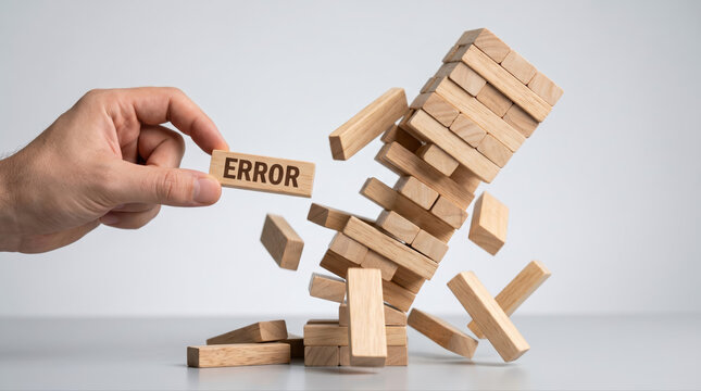 Retirement savings mistake concept. Hand removing an "ERROR" block causes a wooden tower to collapse in a game of Jenga.