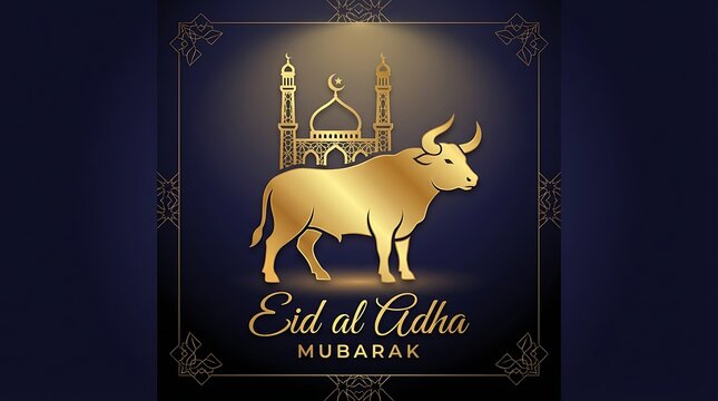 Golden bull and mosque silhouette for Eid al Adha Mubarak greeting, religious celebration banner with Islamic symbol and festive ornament.