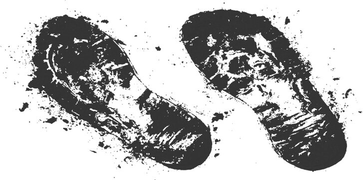 Muddy boot shoe prints tracks with dirt and ink splatter grunge texture background vector illustration.
