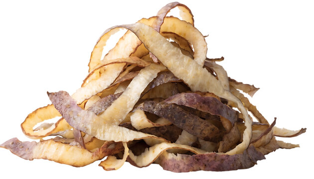 Pile of potato peelings organic waste for compost cut out isolated on white background PNG. AI GENERATED.
