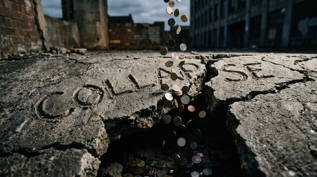 Retirement savings mistake concept. Coins falling into a deep crack on a concrete ground with the word "COLLAPSE" written nearby.