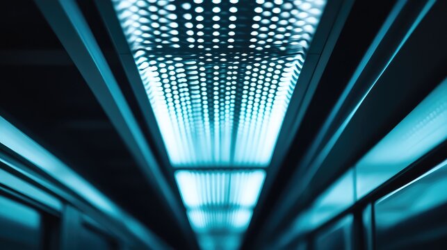 Subway train interior with a long illuminated blue ceiling creating a futuristic tunnel effect, reflections on glossy surfaces and strong symmetry, motion and neon glow