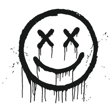 Graffiti style dead smiley face icon with black spray paint drips and splatters on white background