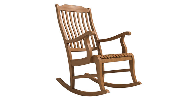 A traditional wooden rocking chair with intricate details and a polished finish.