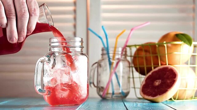 Hand pouring red juice into a mason jar with ice cubes on a table