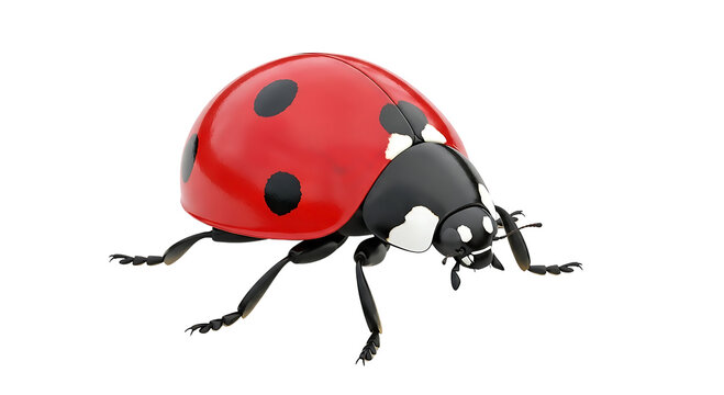 A bright red ladybug with black spots seen from an eye level perspective.