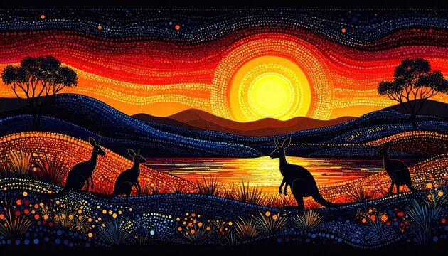 Traditional Indigenous Australian dot painting style depicting kangaroo silhouettes against vibrant sunset