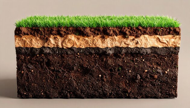 Cross section of soil with green grass on top showing different geological layers of dirt rock and plant roots