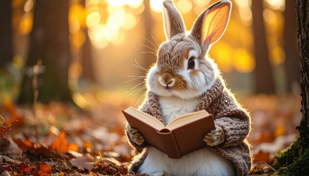 Cute fluffy brown rabbit wearing knitted sweater sitting among autumn leaves in forest and reading small book in soft sunlight