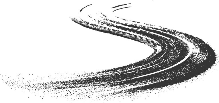 Grunge curving tire track skid mark from offroad vehicle in dirt sand texture vector illustration background. 